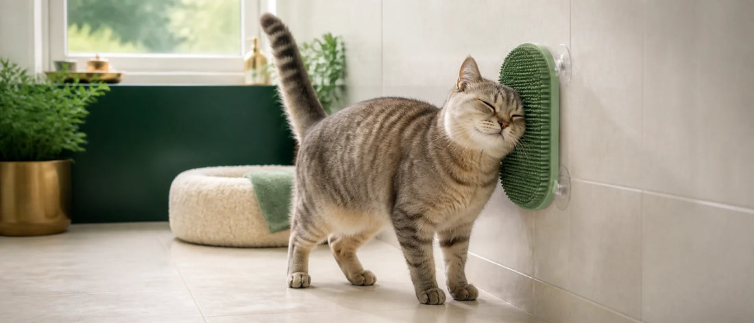 Contented cat rubbing its cheek and body against a soft wall-mounted massage mat with suction cups - Petifo