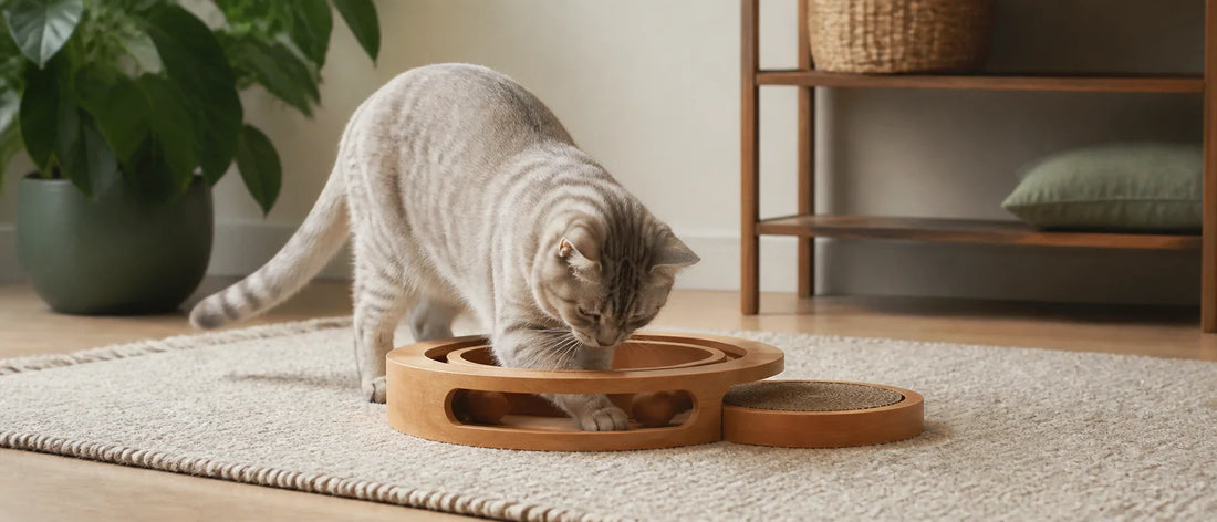Indoor cat reaching into a solid wooden puzzle toy with rolling balls and integrated claw filing surface - Petifo