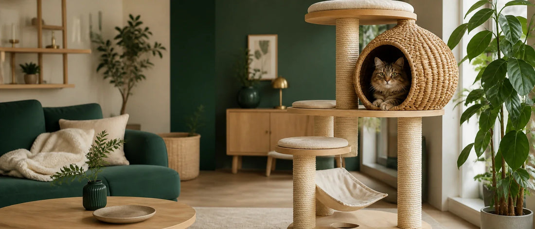 Cat relaxing in a woven cave on a tall stable cat tree in a Scandinavian living room - Petifo