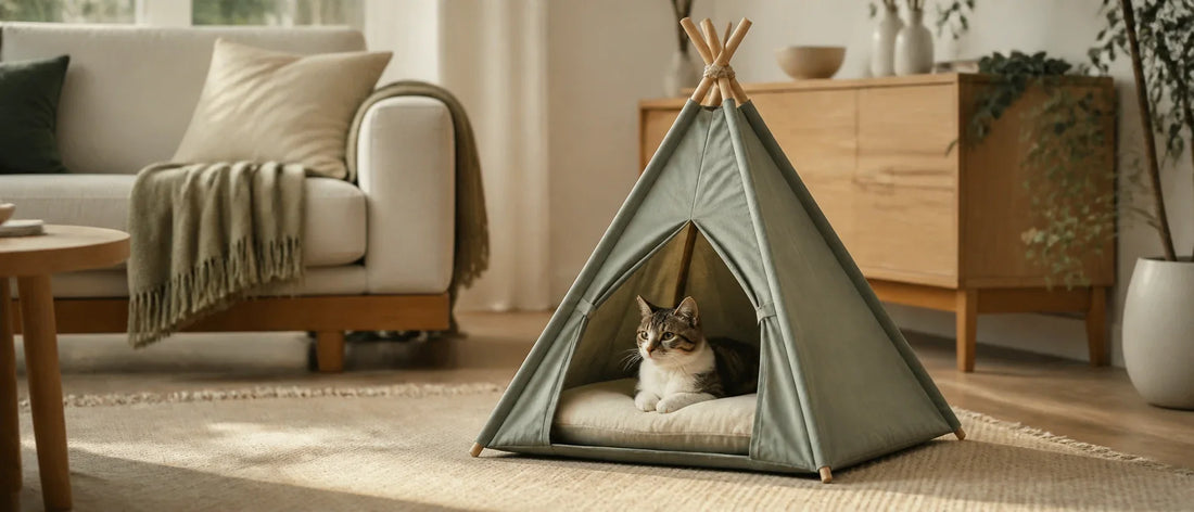 Small cat resting in a soft fabric teepee bed in a warm Scandinavian living room - Petifo