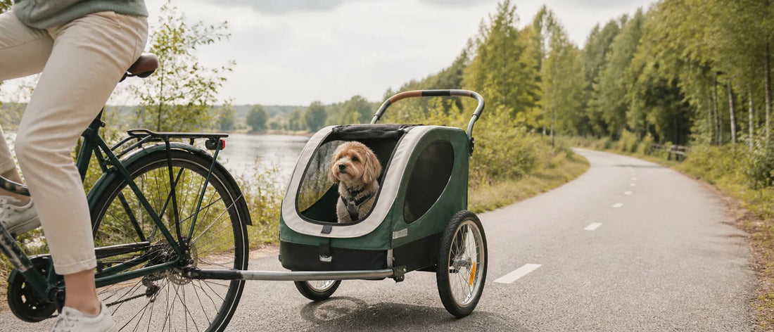 Small dog riding calmly in a ventilated bicycle trailer on a quiet Scandinavian cycle path - Petifo