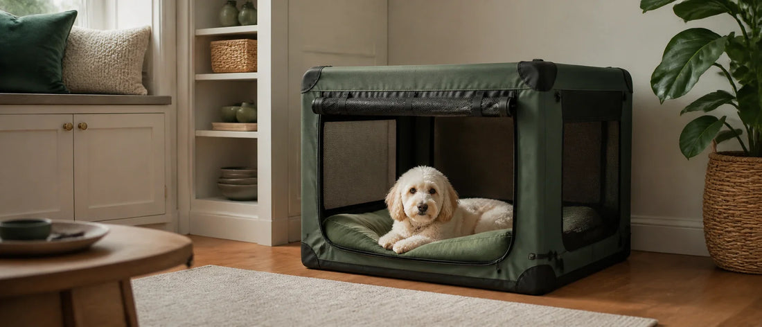 Relaxed dog choosing to rest inside an open soft-sided folding crate with steel frame at home - Petifo