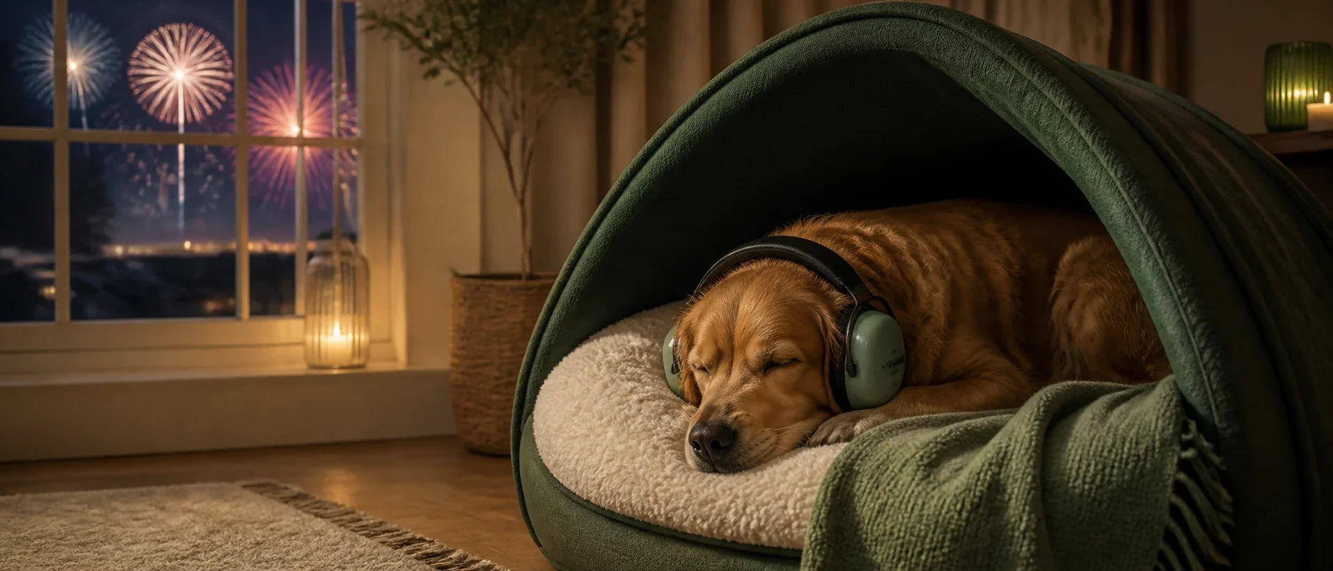 Dog resting in a cosy indoor den wearing soft noise-reducing ear muffs during distant fireworks - Petifo