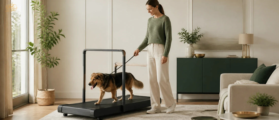 Medium dog walking calmly on a compact dog treadmill at a slow pace while owner supervises - Petifo