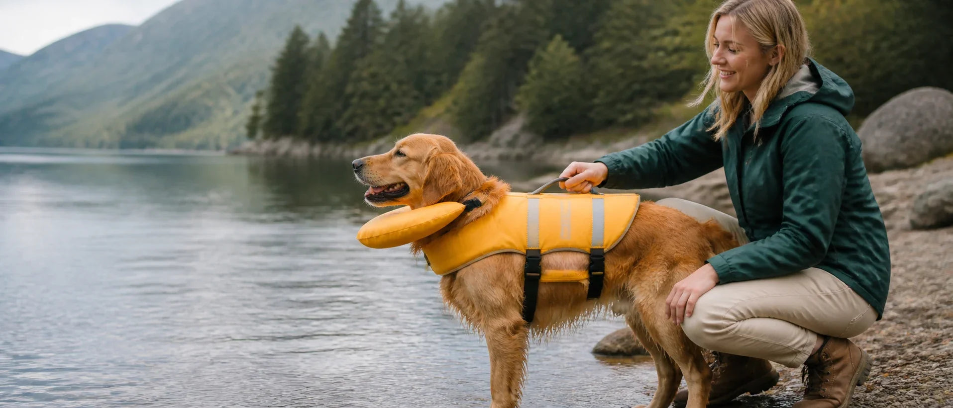 Dog wearing a bright life jacket with chin float beside a calm lake, owner holding handle - Petifo
