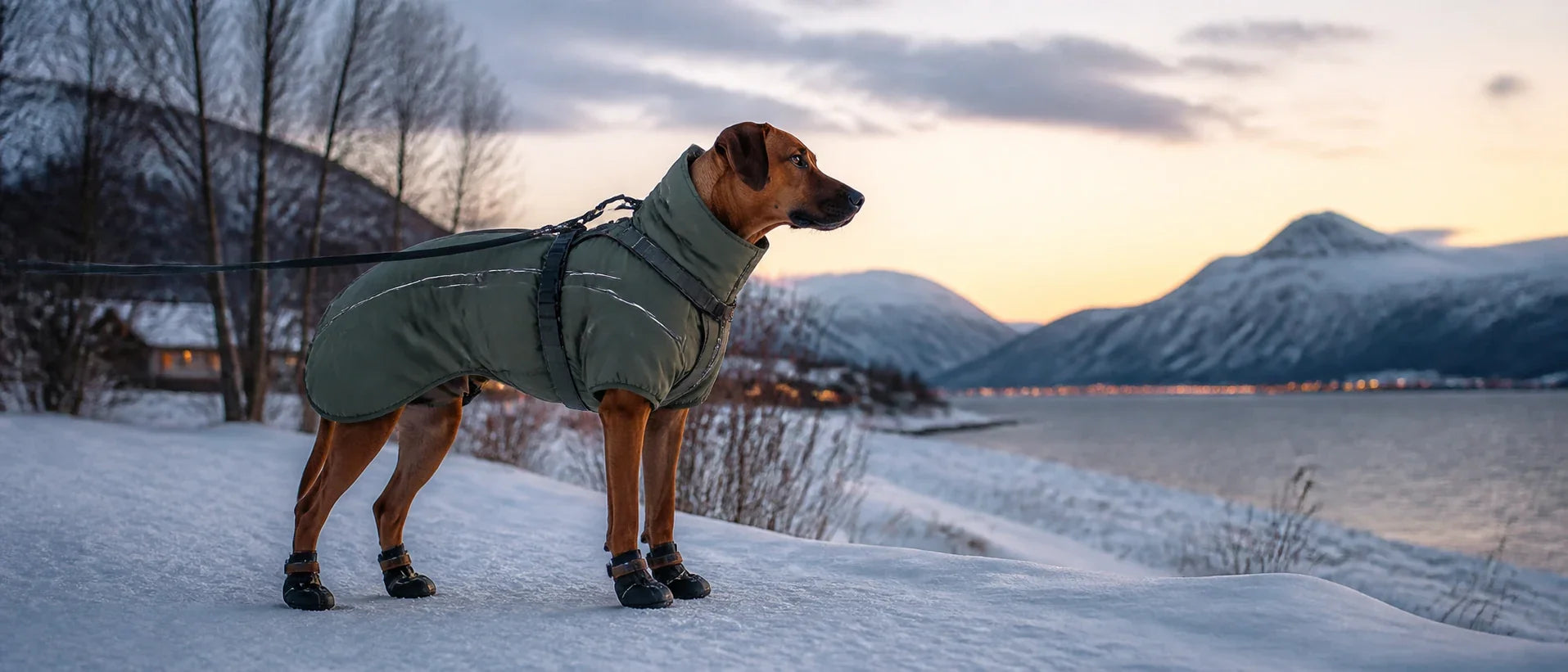 Dog wearing a reflective winter jacket and secure boots during a snowy twilight walk in Scandinavia - Petifo