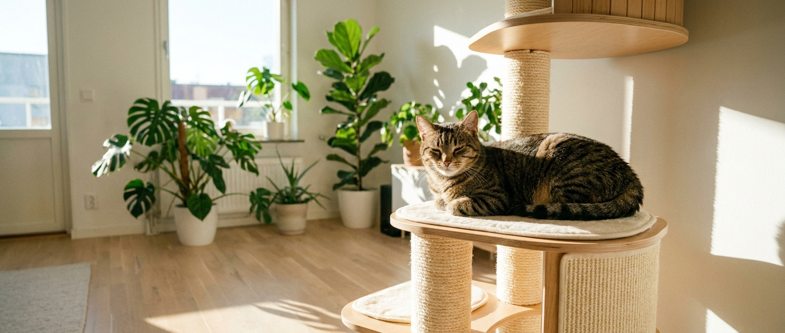 Gato atigrado feliz sentado en un alto árbol para gatos junto a una ventana en un salón moderno y luminoso - Petifo