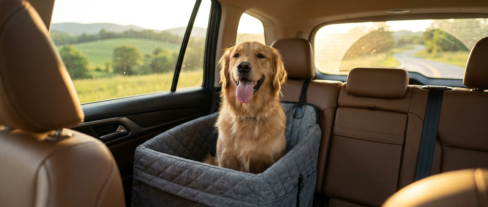Golden retriever feliz sentado con seguridad en un asiento de coche acolchado en la parte trasera de un SUV - Petifo