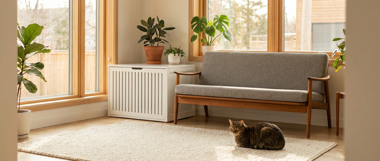 Moderno mueble para arenero en un elegante salón escandinavo con un gato atigrado relajado cerca - Petifo