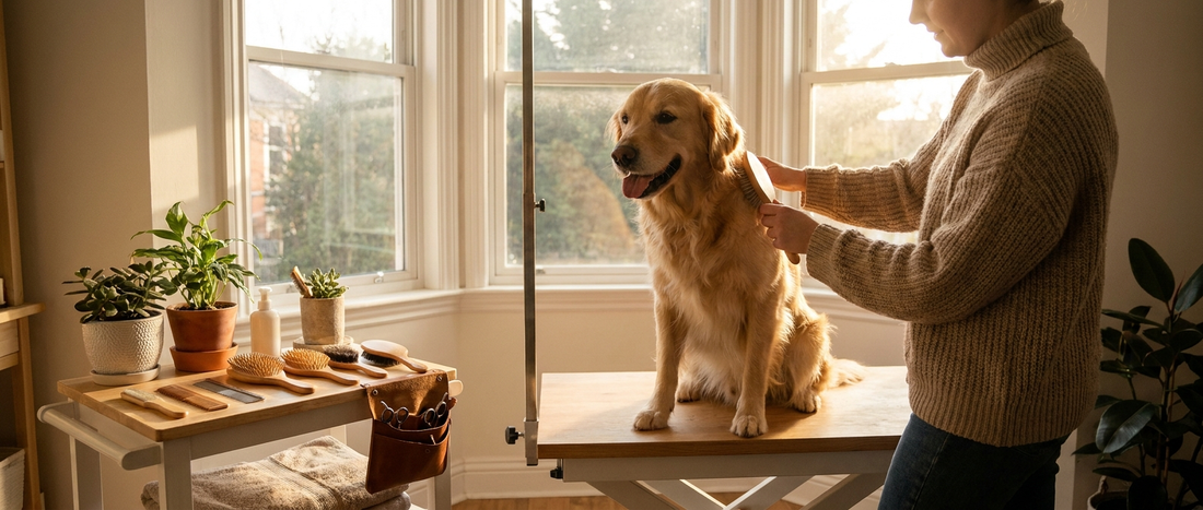 Golden retriever siendo cepillado en una mesa de aseo en casa por su dueño - Petifo