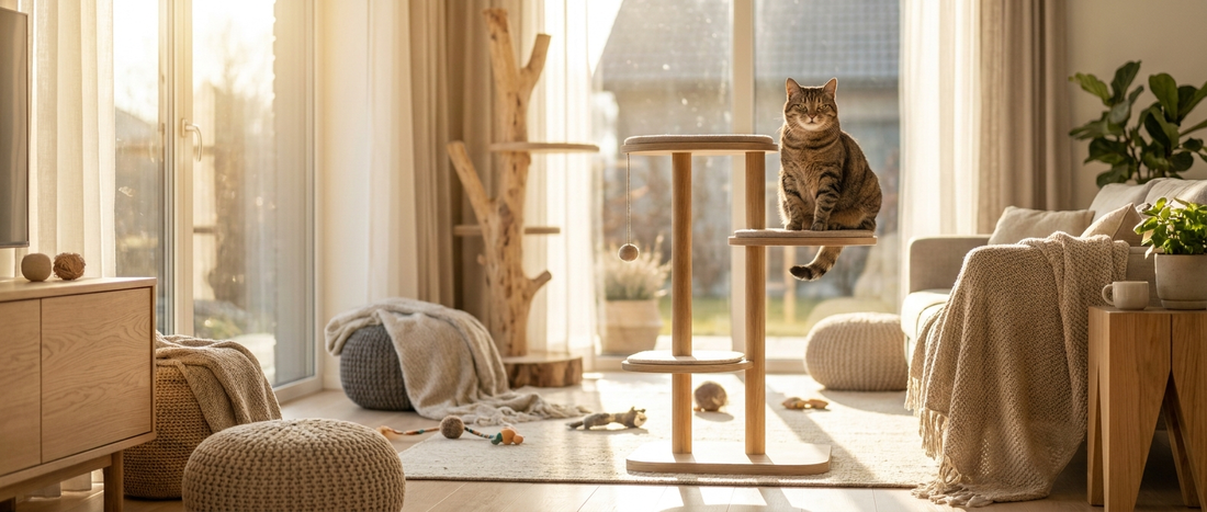 Gato atigrado feliz sentado en un moderno árbol para gatos en un salón luminoso con juguetes de enriquecimiento - Petifo