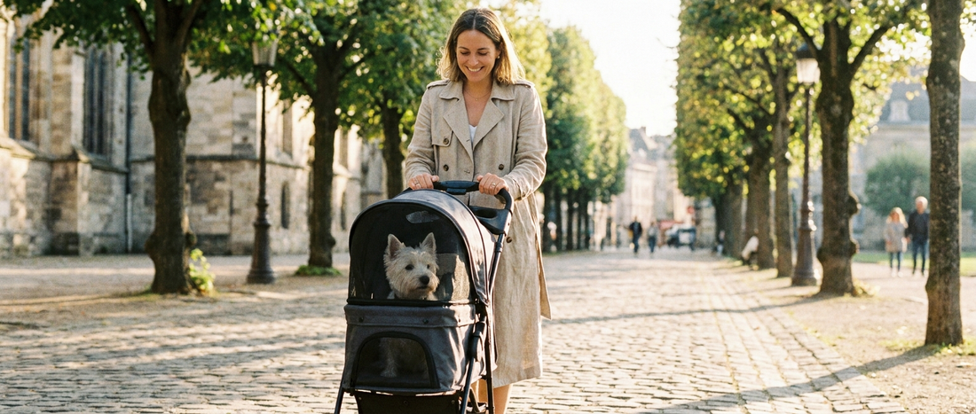 Dueño empujando un carrito para mascotas por un parque europeo soleado con un perro pequeño asomándose feliz - Petifo