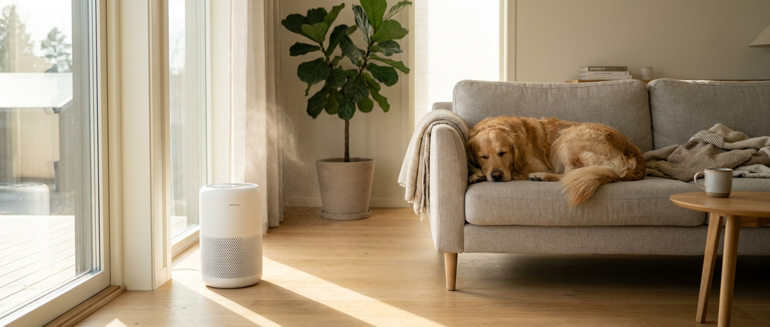 Golden retriever relajándose en un sofá en un salón luminoso con un purificador de aire para mascotas funcionando cerca - Petifo