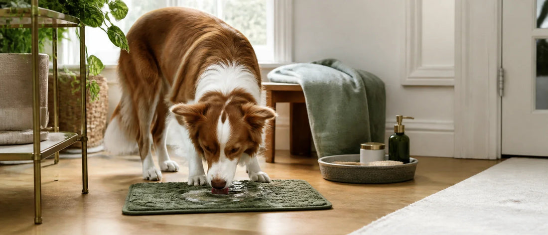Dog calmly licking a textured enrichment mat during a quiet grooming session at home - Petifo