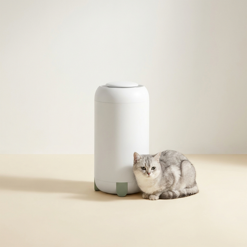 Moderno purificador de aire para mascotas con un gato tranquilo cerca – Petifo Purificadores de aire para mascotas
