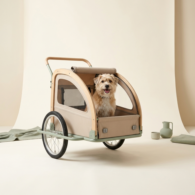 Perro pequeño sentado en un moderno remolque de bici para mascotas – Petifo Remolques de bici para perros