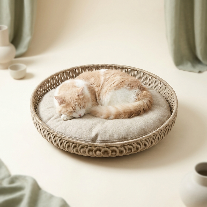 Gato esponjoso descansando en una moderna cama redonda acolchada para gatos – Petifo Camas y sofás para gatos