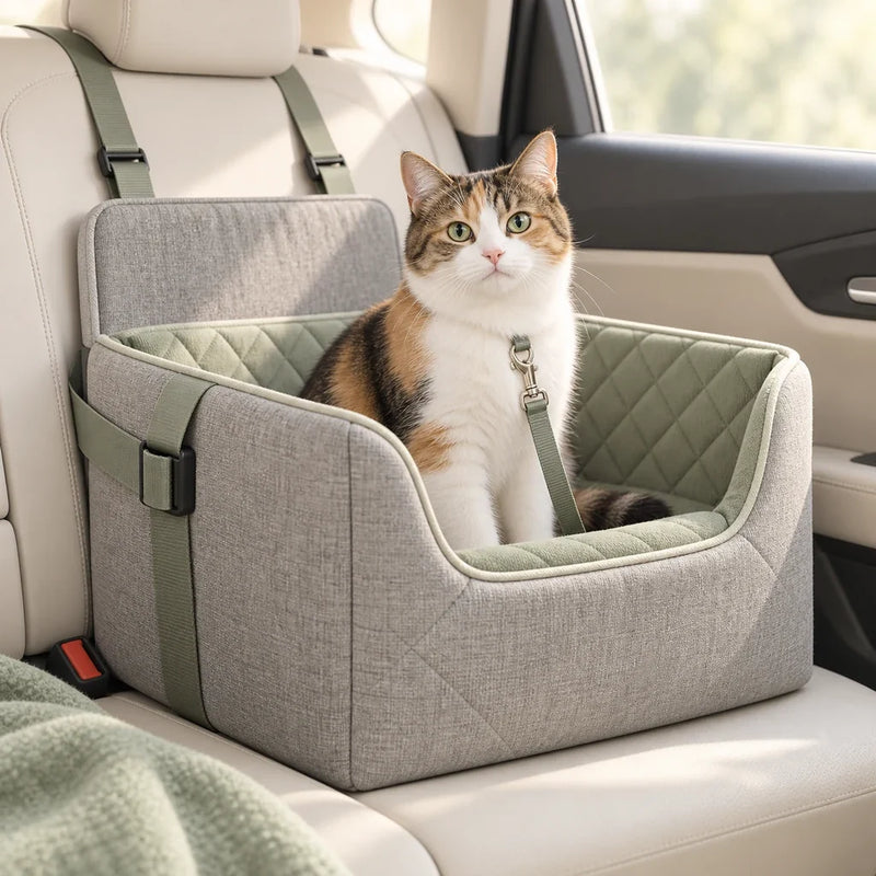Calico cat secured in a quilted pet car seat
