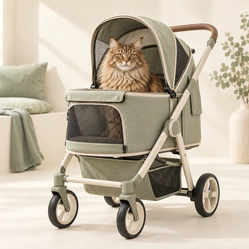 Maine Coon cat in a sage cat stroller
