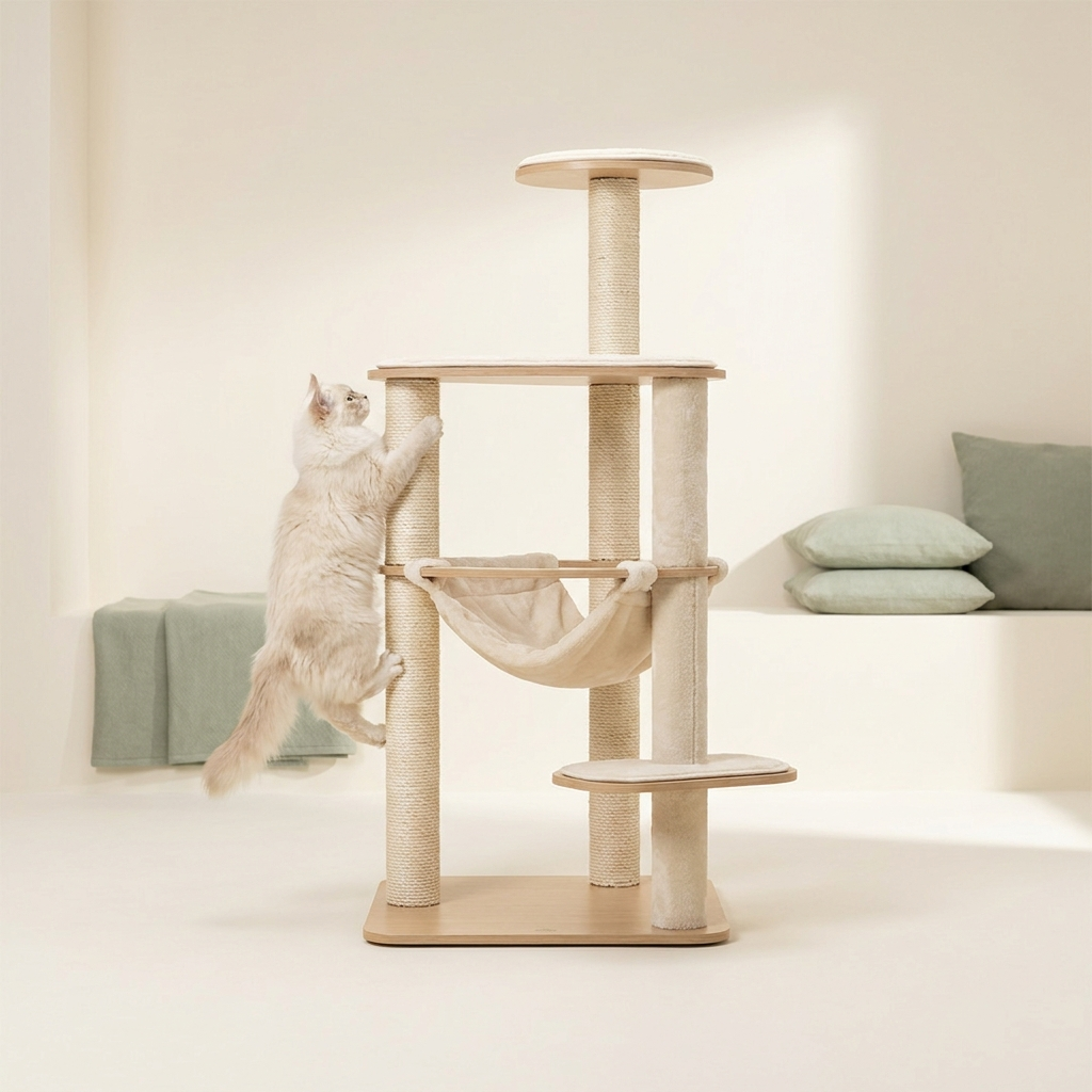 Gato trepando por un moderno árbol para gatos con rascadores – Petifo Árboles y rascadores para gatos