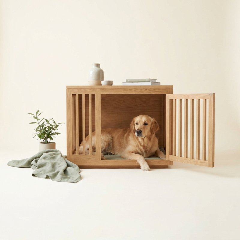 Perro descansando dentro de un elegante mueble jaula de madera para perros – Petifo Jaulas y muebles para perros