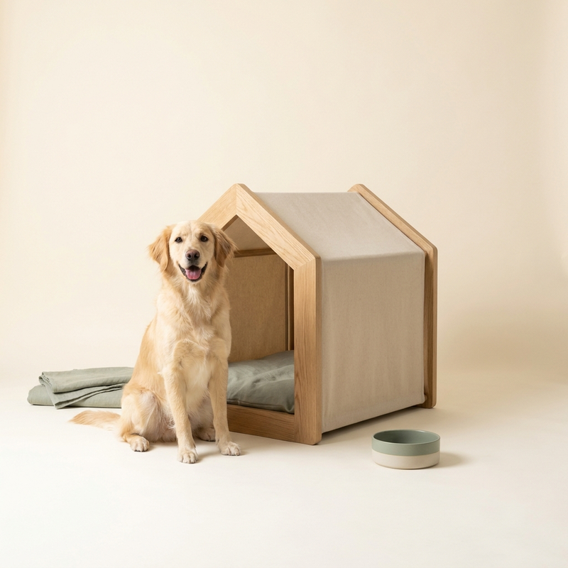 Perro feliz junto a una moderna caseta para perros – Petifo Casetas y exterior para perros