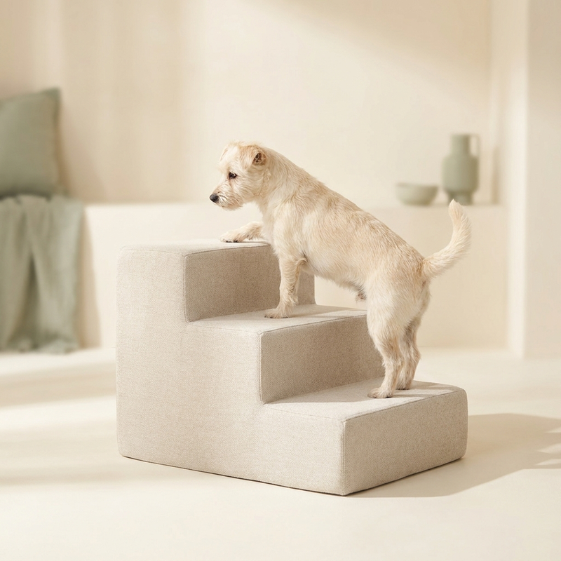Perro pequeño subiendo unos peldaños acolchados para mascotas – Petifo Escaleras y rampas para perros