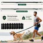Bungee dog leash specifications displaying a length of 153 cm stretching up to 183 cm for dogs up to 30 kg.