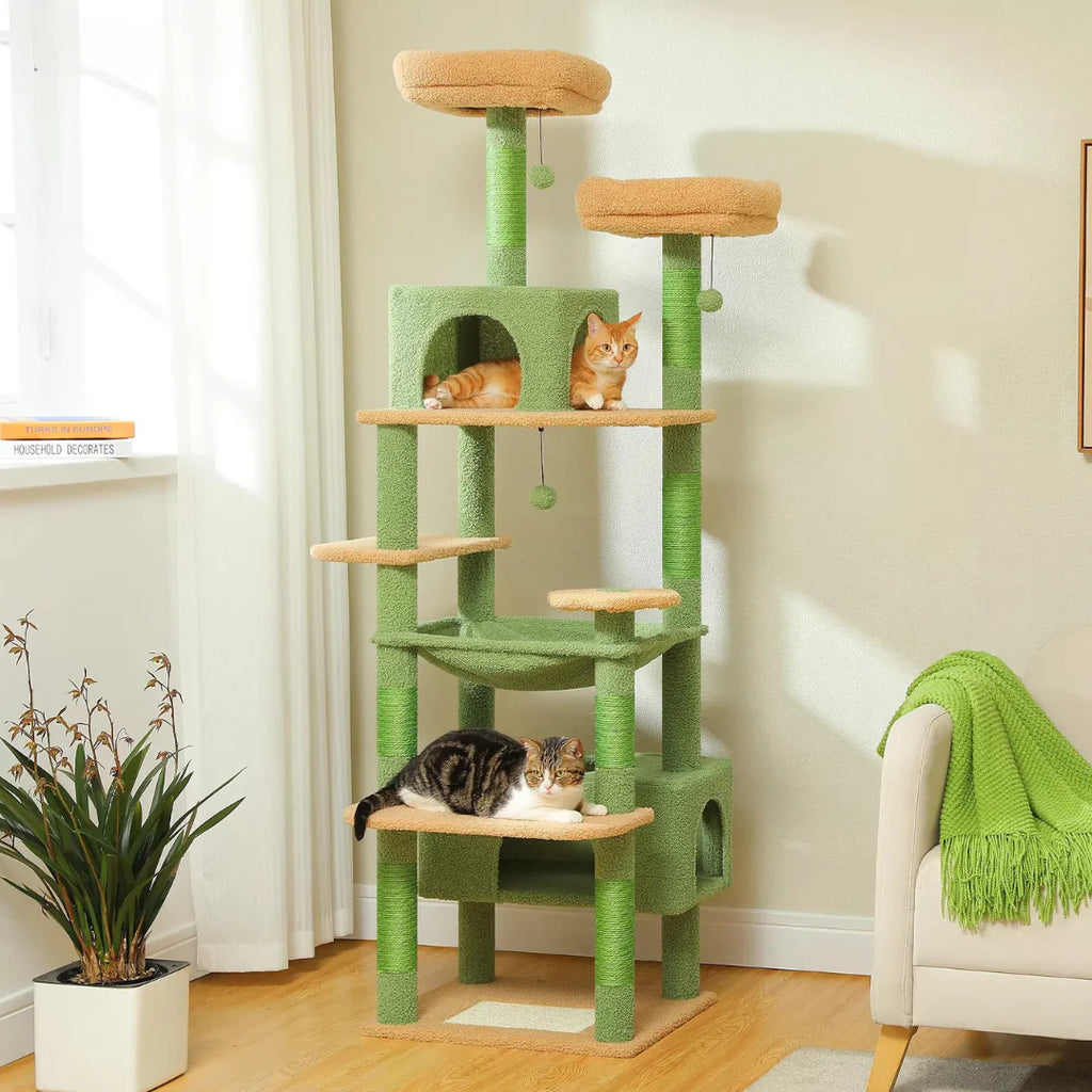 A 184 cm tall cat activity center in green, featuring plush platforms, scratching posts, and cozy hideaway condos.