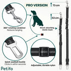Infographic detailing features of the pro version pet car seat belt including 360-degree rotating carabiner and shock-absorbing bungee.