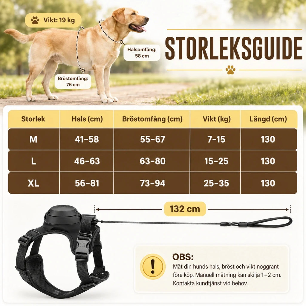 Size guide Dog harness with built-in retractable lead - Petifo