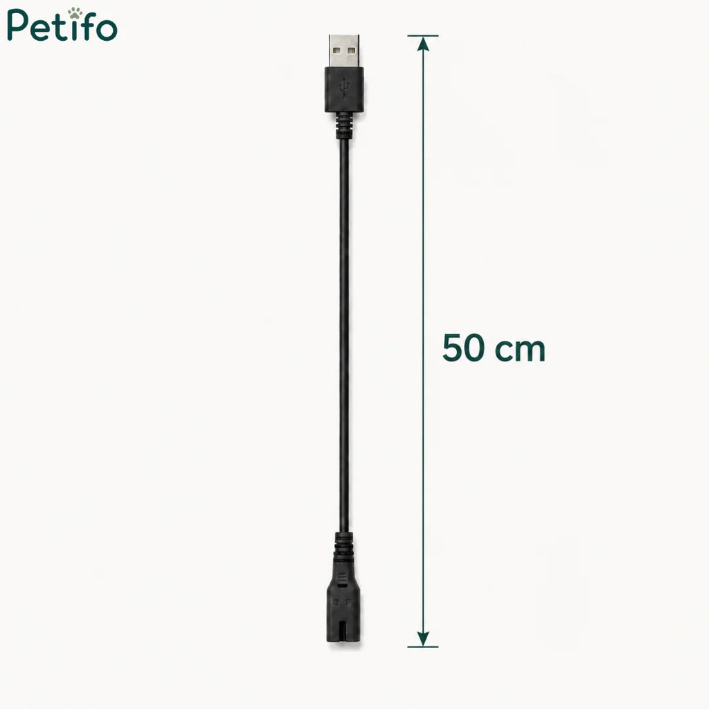 Black USB charging cable for pet trimmers displayed with a length dimension indicator of 50 cm.