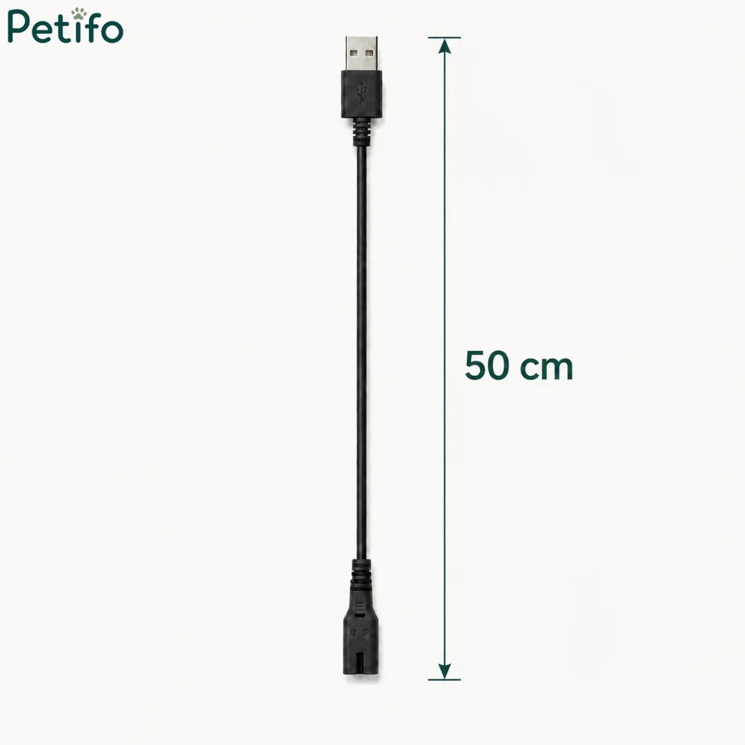 Black USB charging cable for pet trimmers displayed with a length dimension indicator of 50 cm.