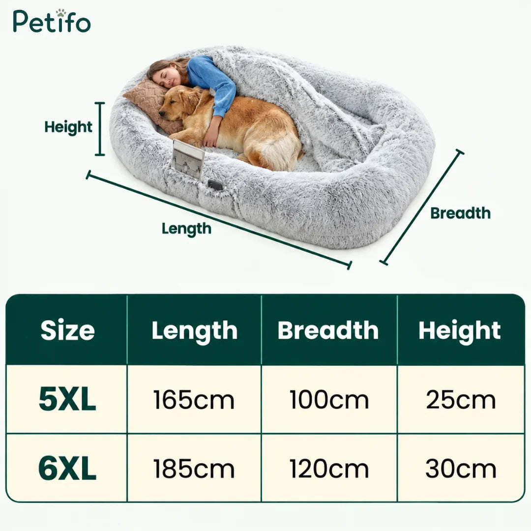 Size dimension chart detailing length, breadth, and height specifications for 5XL and 6XL human dog beds.