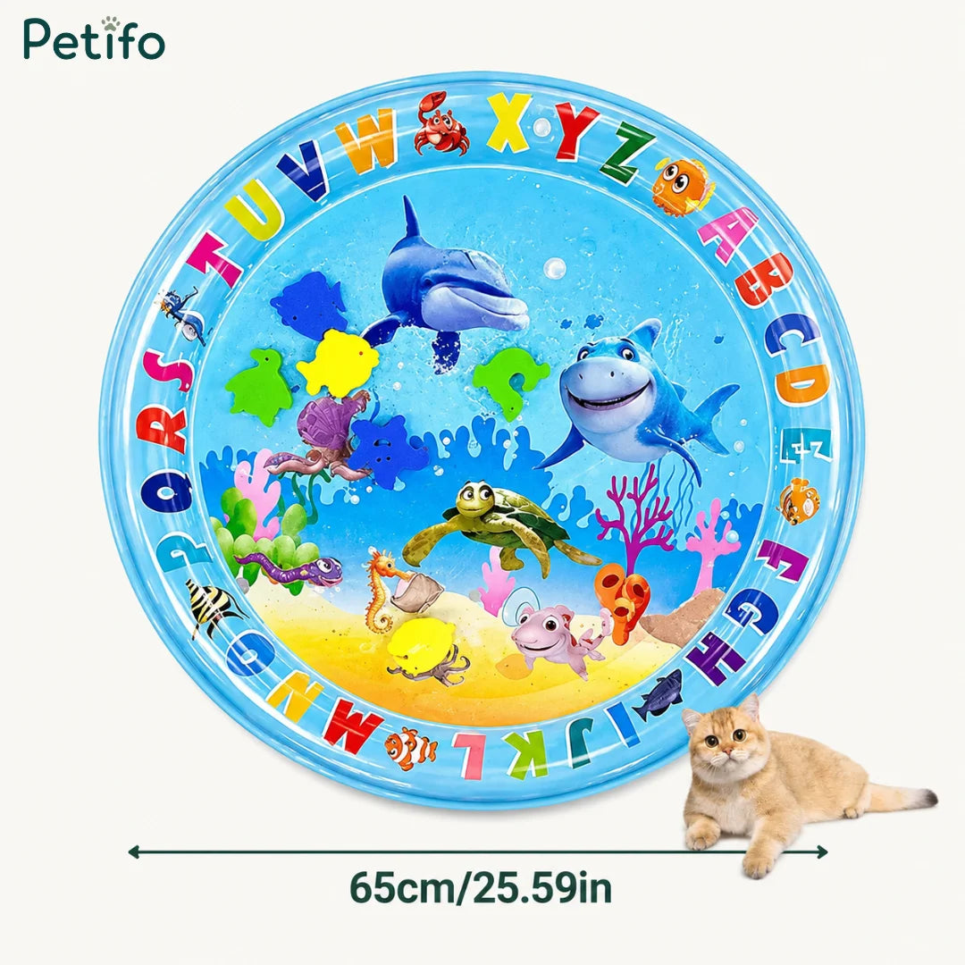 Alphabet and ocean animal themed cat water splash mat with a 65cm size indicator.