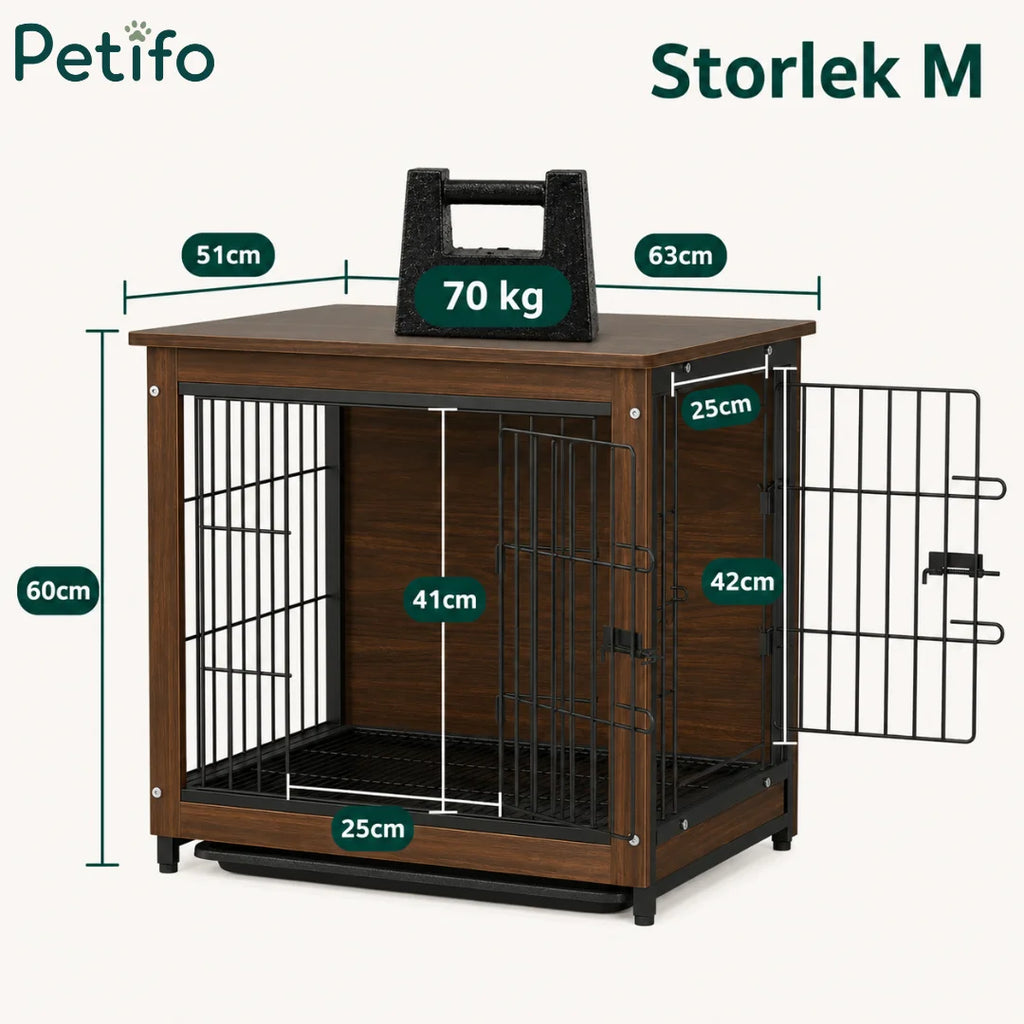 Technical dimension diagram displaying measurements for the medium size (Storlek M) wooden Petifo dog crate end table.
