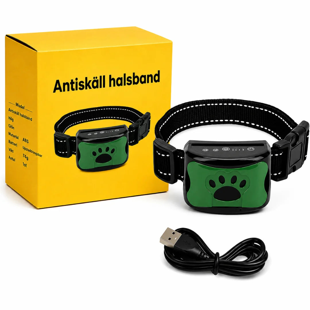 A green anti-bark collar with a paw-print design, its yellow packaging box labeled "Antiskäll halsband", and a USB charging cable.