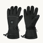 A pair of black Petifo heated winter gloves displayed from both the front and back angles, showing the power button, adjustable buckle, and zippered battery pocket.