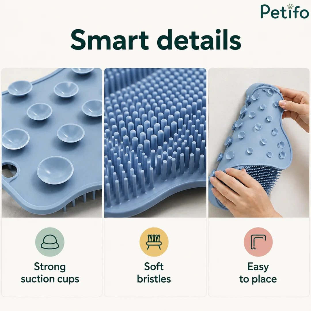 Smart details breakdown highlighting strong suction cups on the back, soft bristles on the surface, and easy placement options for walls or floors.