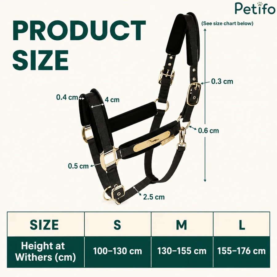 Tabla de tallas y diagrama de dimensiones del cabestro ajustable para caballos.