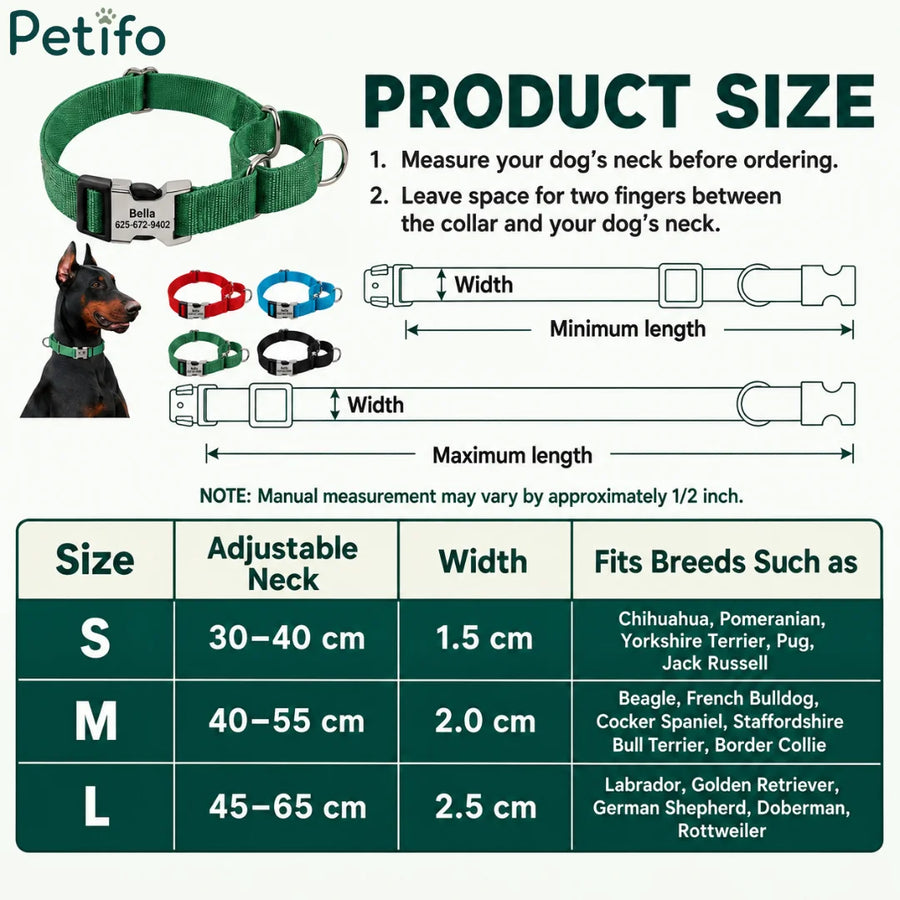 Tabla de tallas y guía de medición para collares reflectantes ajustables para perros con placas metálicas personalizadas.