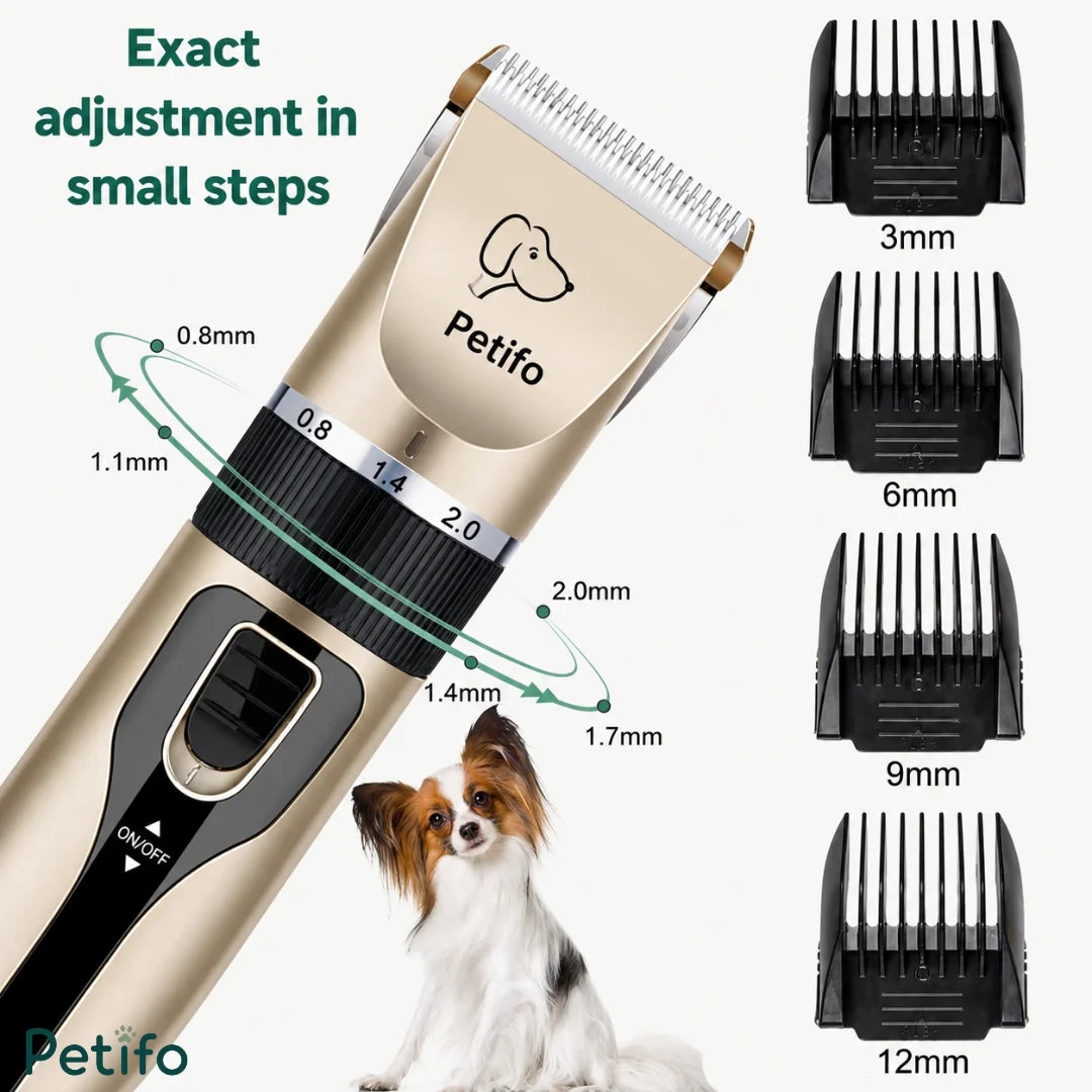 Close-up of the adjustable blade ring on the gold clipper with small-step settings alongside a Papillon dog.