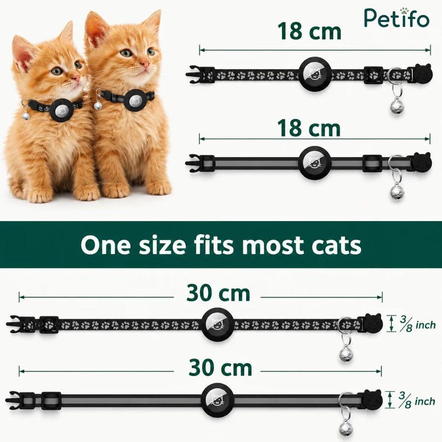 Infografía de guía de tallas que muestra dimensiones ajustables de 18 cm a 30 cm, indicando que una talla se adapta a la mayoría de los gatos.
