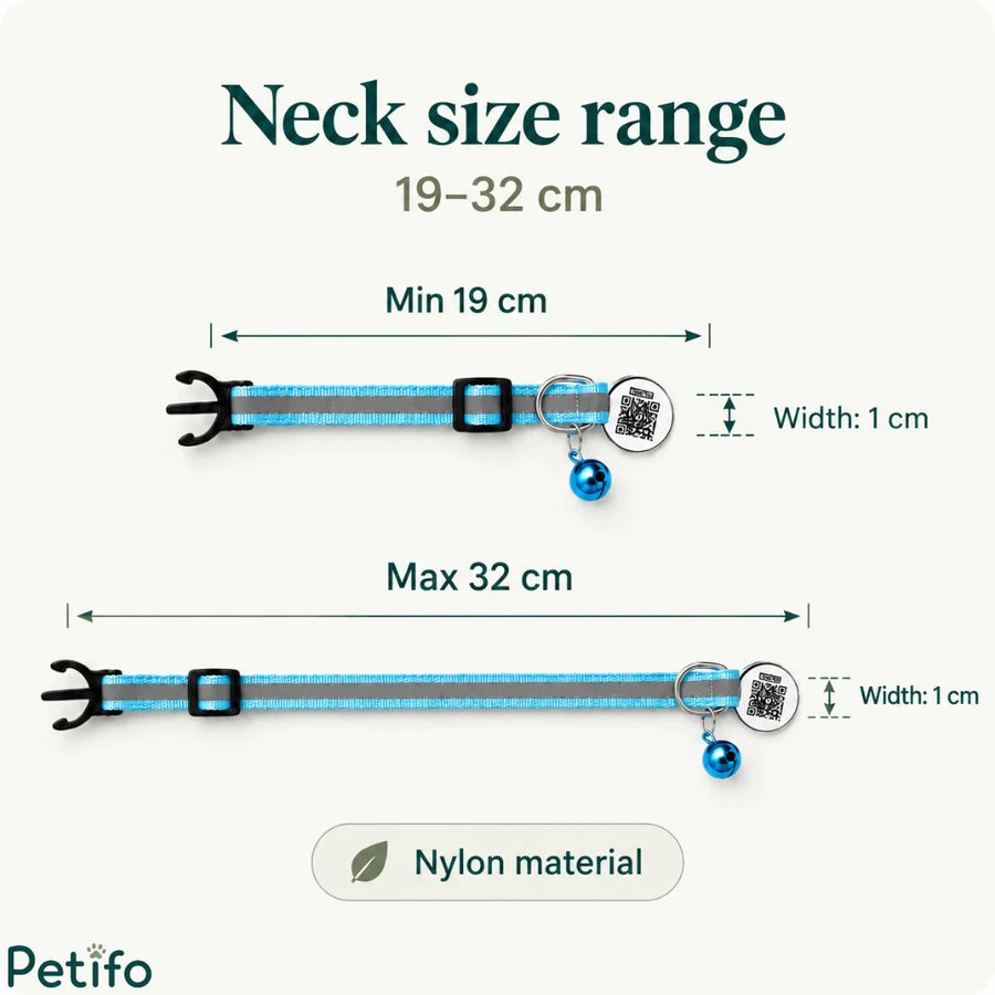 Infografía que muestra el rango ajustable del tamaño del cuello de nailon, de 19 a 32 centímetros, y un ancho de 1 centímetro para el collar de gato.