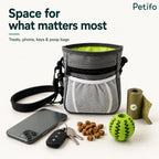 A flat lay arrangement showing ample space inside a treat pouch for essentials like treats, a phone, keys, and waste bags.
