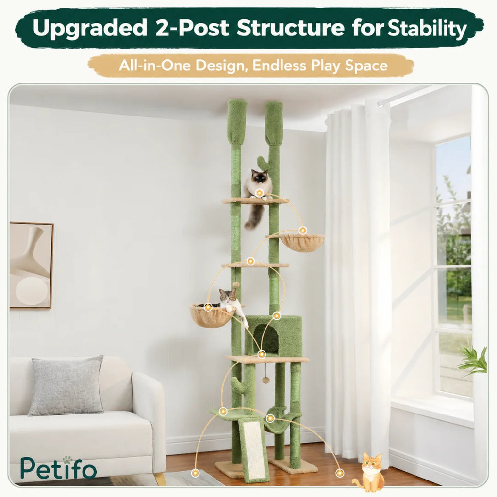 An overview of an upgraded 2-post structure green cactus cat tree, showing the full play space and climbing path for cats.
