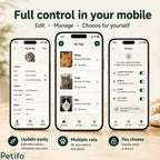 App interface showcase highlighting mobile controls for updating pet profiles, managing multiple cats, and customizing privacy settings.