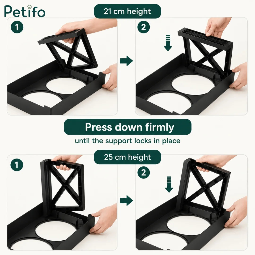 Assembly instructions showing how to lock legs for 21 cm and 25 cm height adjustments on Petifo feeder