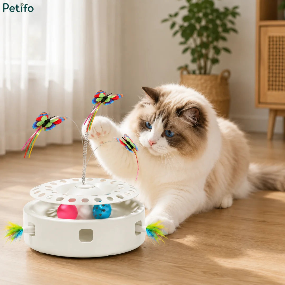 A fluffy ragdoll cat reaching out to swat at the fluttering butterfly attachment on an automatic electronic cat toy.
