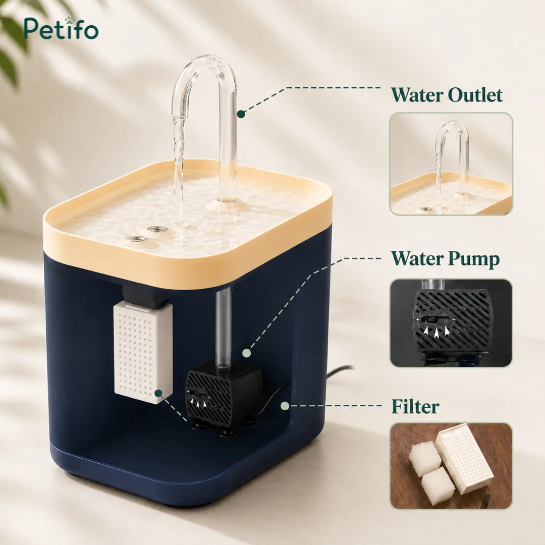 Petifo automatic cat water fountain showing internal components including the water outlet, adjustable water pump, and filter.